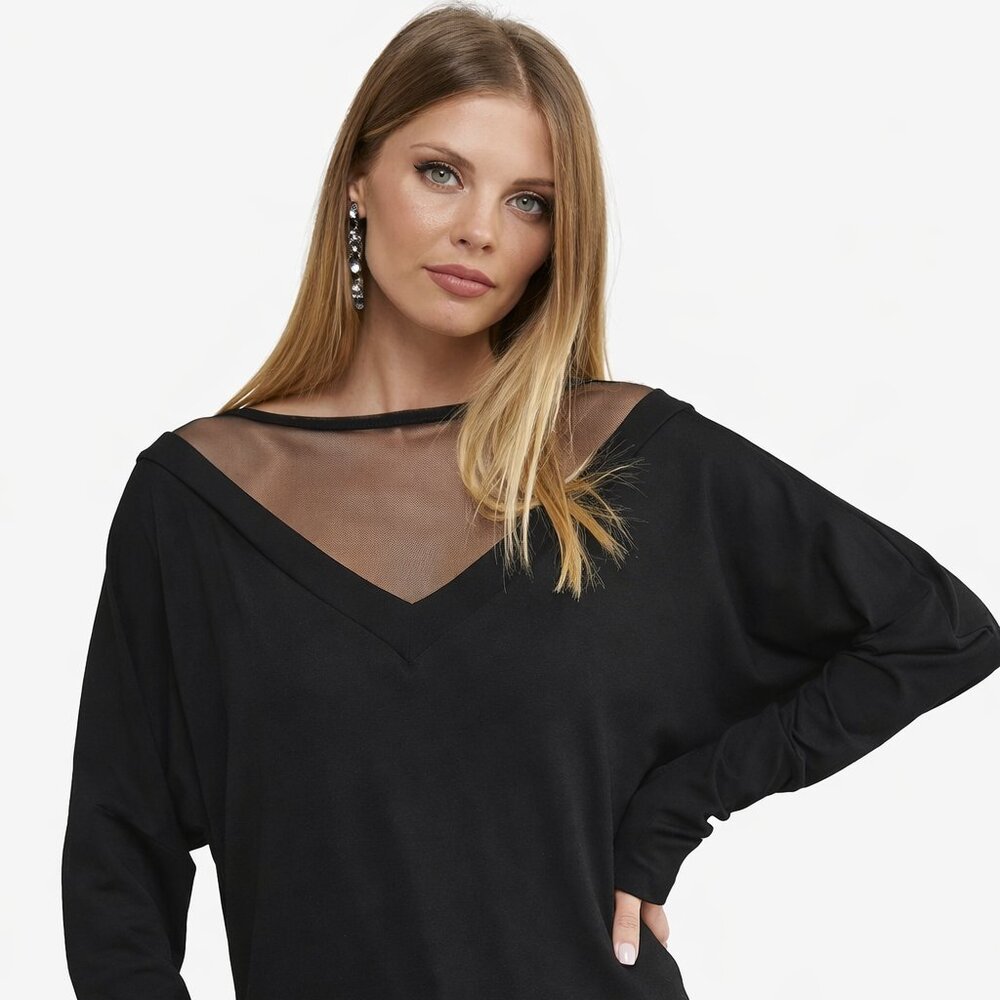 Sexy Sheer Mesh V-Neck Black Top | Italian Designer Style | Minimalist Boutique